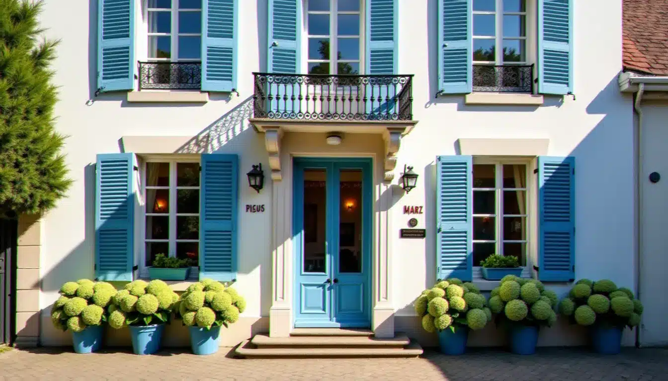 Façade d'un hôtel indépendant à Dinard avec architecture Belle Époque, volets bleus et terrasse fleurie, illustrant l'hôtel Pourquoi Pas à Dinard