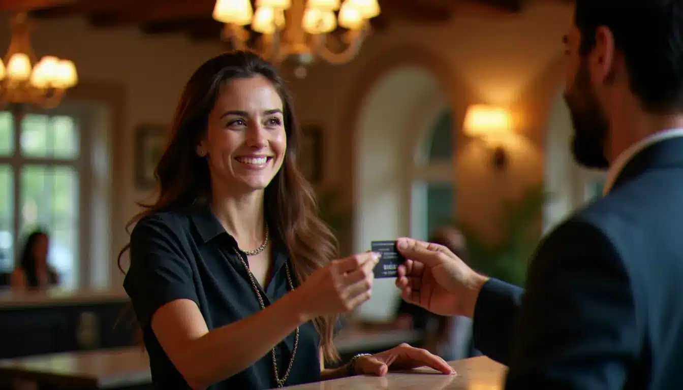 Réceptionniste d'un hôtel boutique français remettant une clé de chambre à un client, illustrant la relation directe favorisant la négociation du prix hôtel