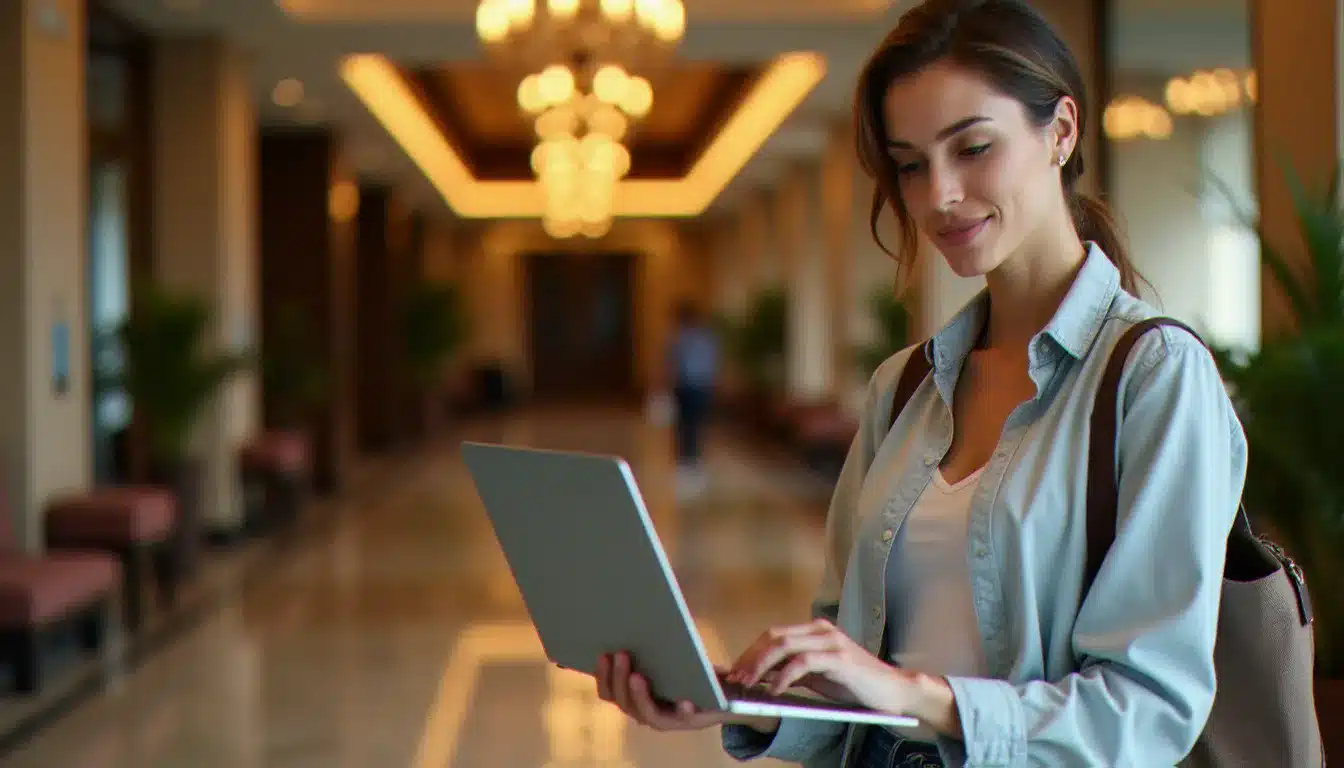 Une voyageuse compare les hotel prix sur son ordinateur dans le hall lumineux d'un hôtel moderne français