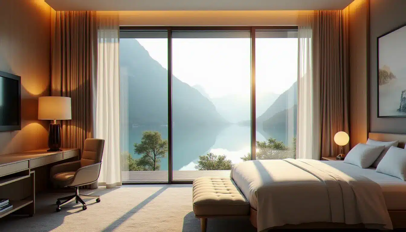 Chambre Supérieure de l'hôtel Royal Evian Resort avec vue panoramique sur le lac Léman au lever du soleil