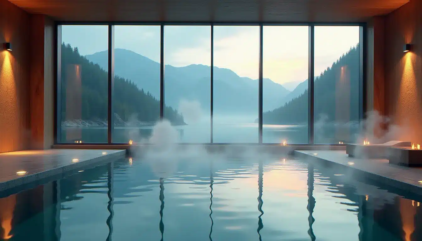 Piscine intérieure chauffée du Spa Evian Source avec vue sur le lac Léman à travers de grandes baies vitrées