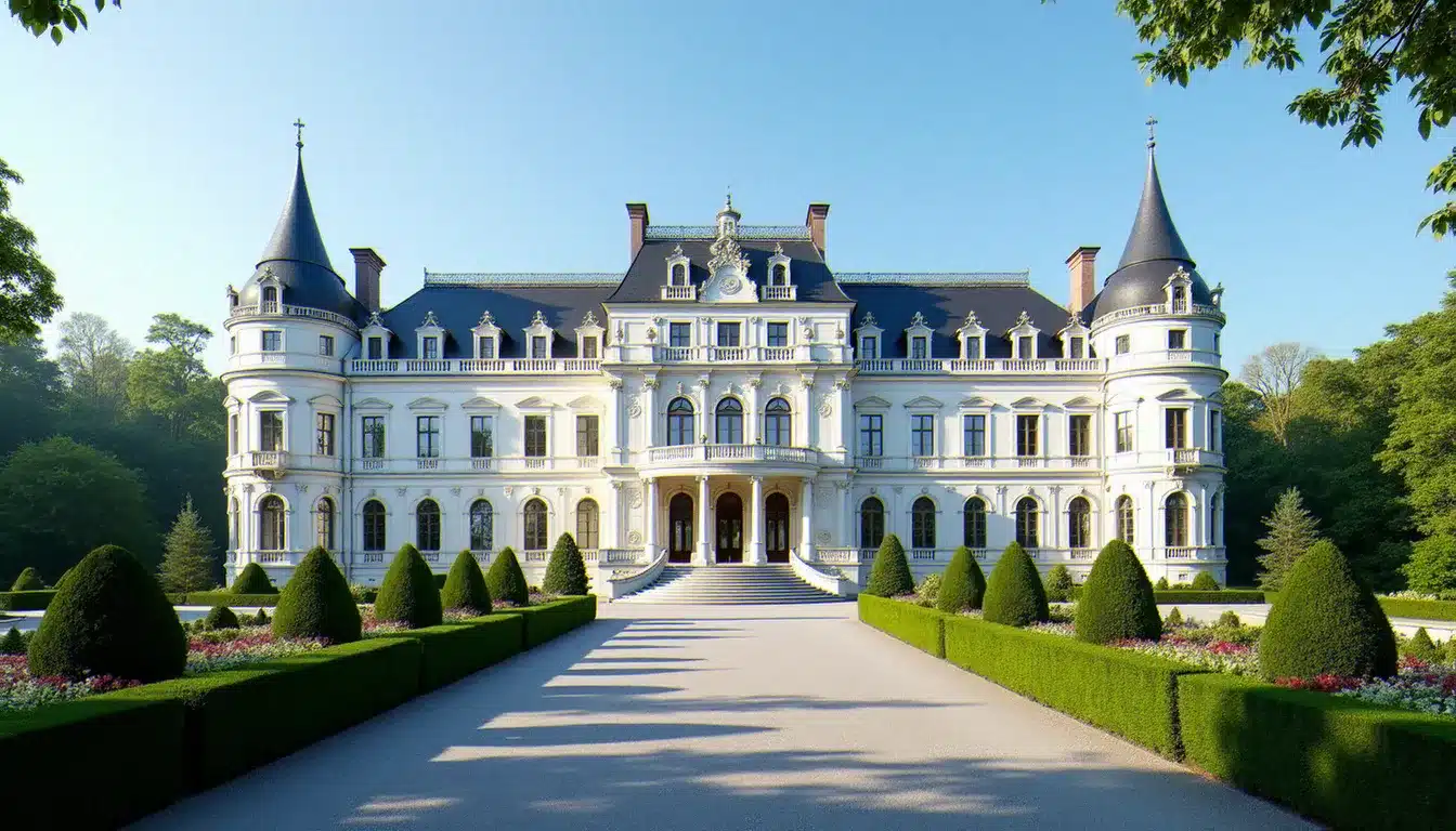 Façade blanche Belle Époque de l'hôtel Royal Evian Resort avec le lac Léman en arrière-plan et les jardins verdoyants au premier plan