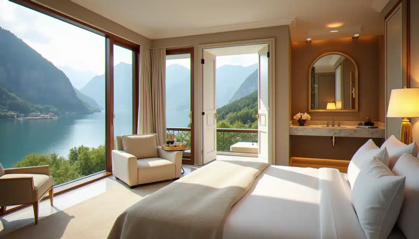Suite avec vue lac au Royal Evian Resort, mobilier élégant contemporain Belle Époque et baies vitrées panoramiques sur le lac Léman