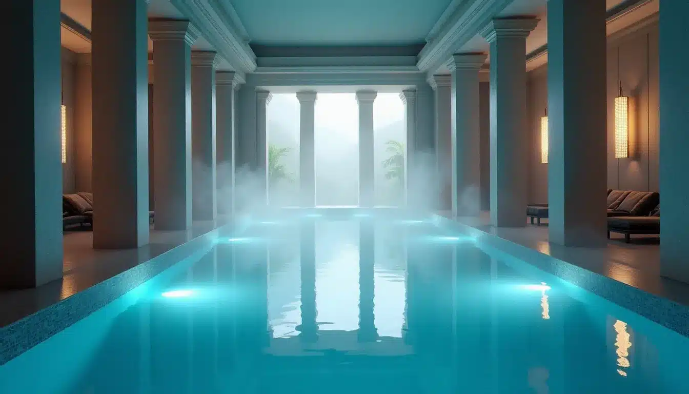 Piscine intérieure du spa Evian by Clarins au Royal Evian Resort, architecture en colonnes de pierre et éclairage bleu tamisé