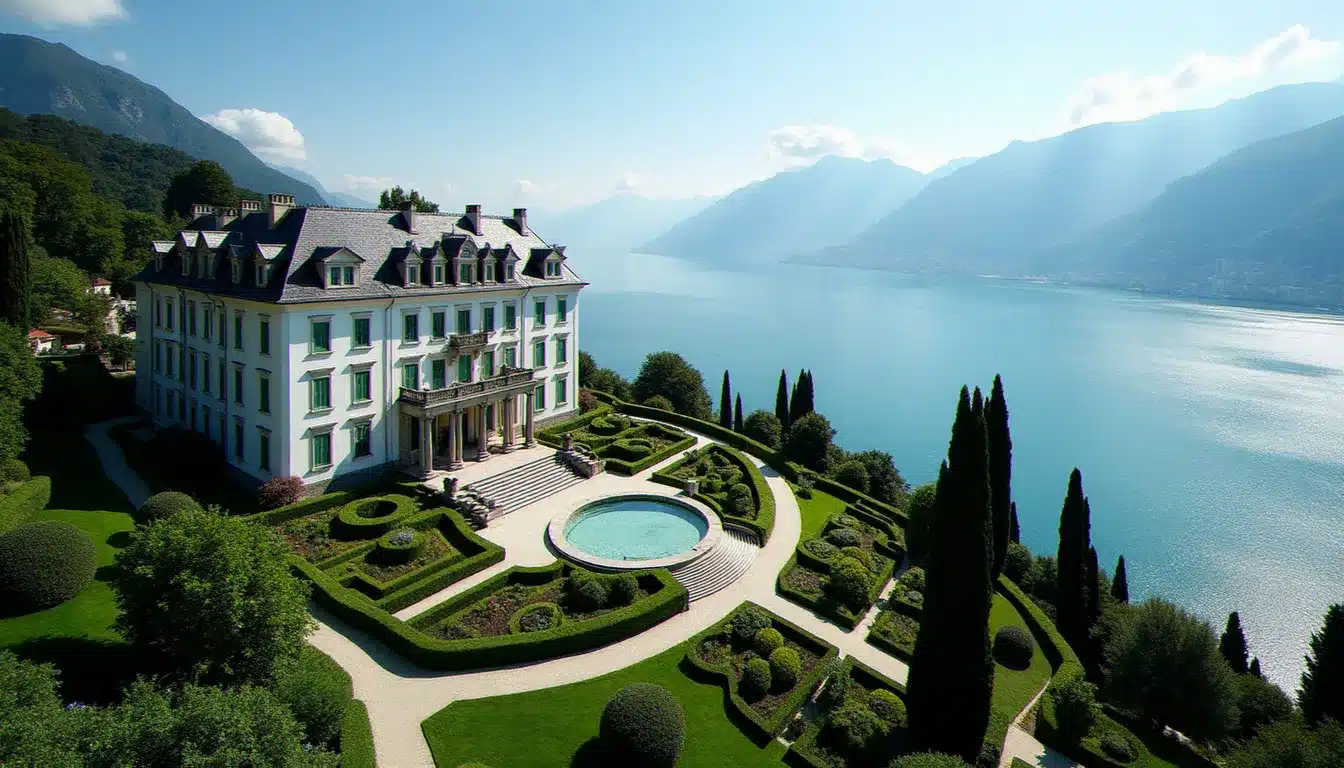 Vue aérienne de l'hôtel Royal Evian Resort, palace Belle Époque blanc aux volets verts entouré de jardins à la française surplombant le lac Léman