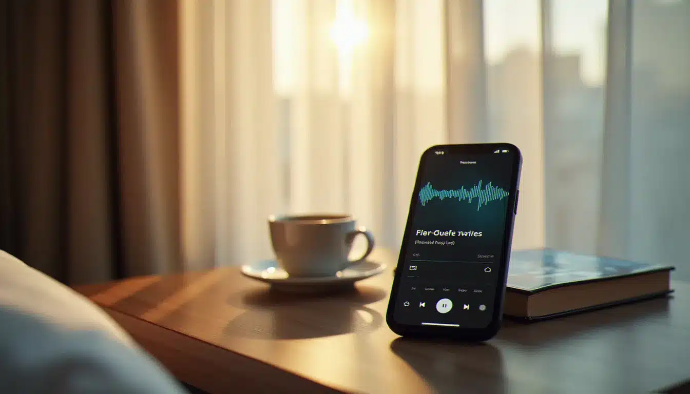 Téléphone affichant une interface de podcast voyage posé sur une table de nuit d'hôtel avec un guide et un café du matin
