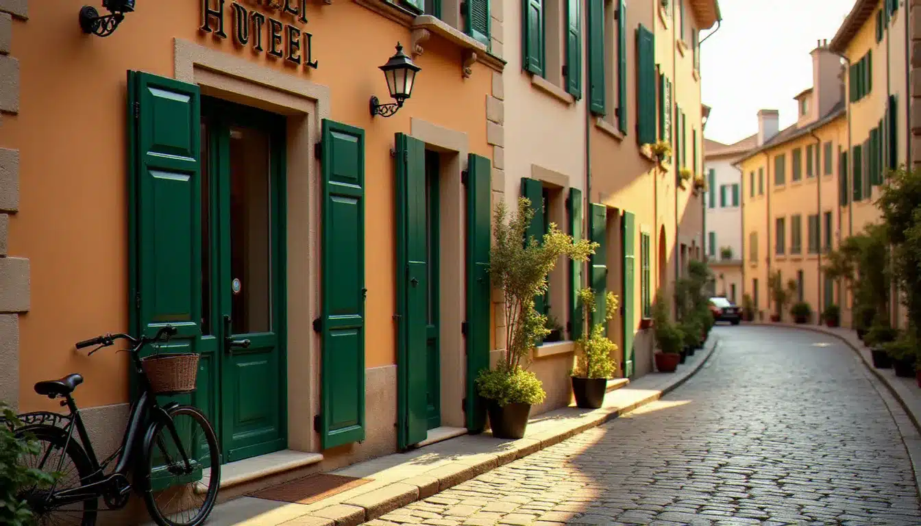 Façade d'un hôtel indépendant français en pierre avec volets verts et vélo garé à l'entrée, dans une rue pavée de ville de province
