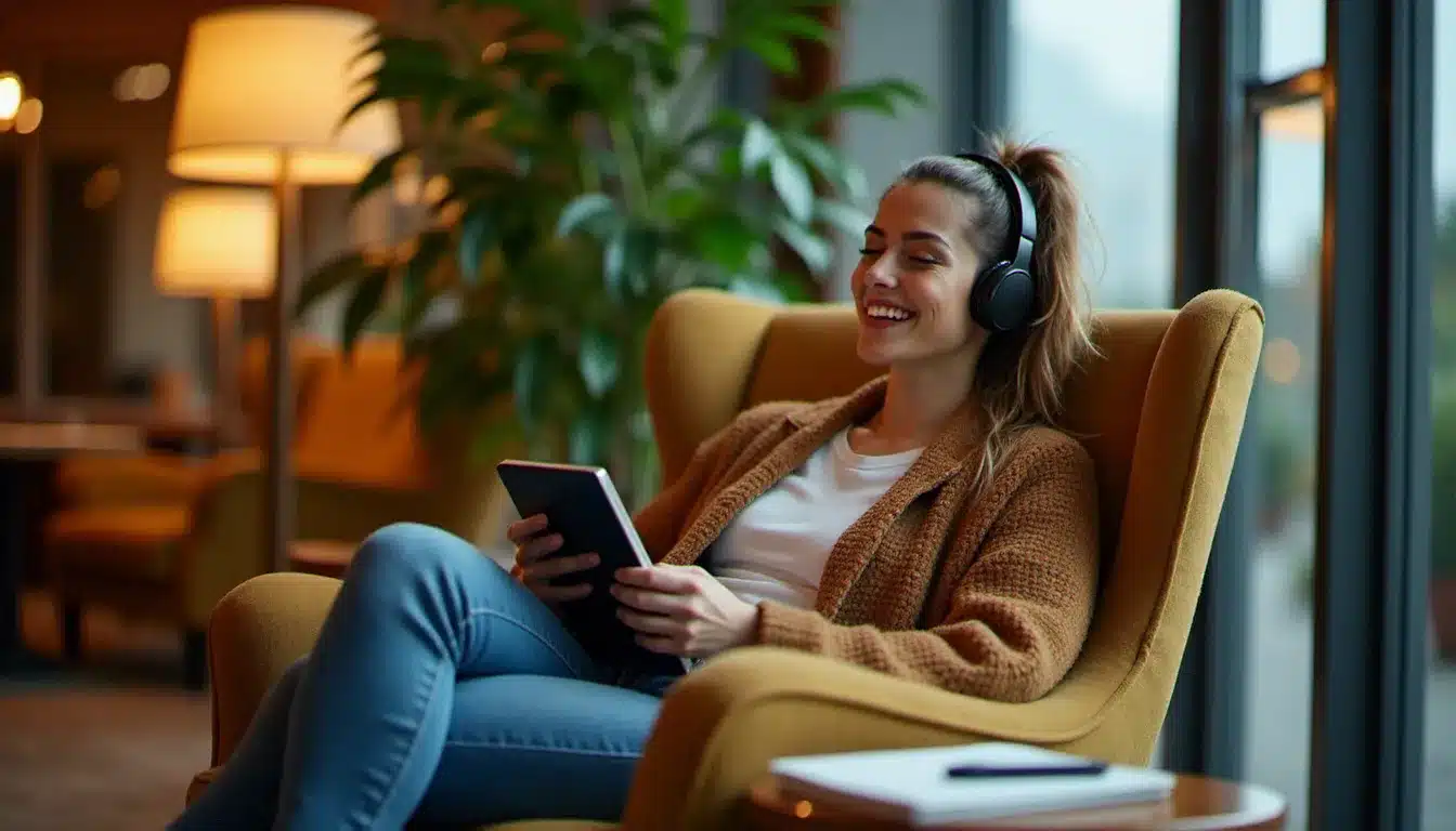 Une voyageuse écoutant le podcast hôtel sans flamme dans le lobby feutré d'un hôtel indépendant, carnet de notes sur l'accoudoir