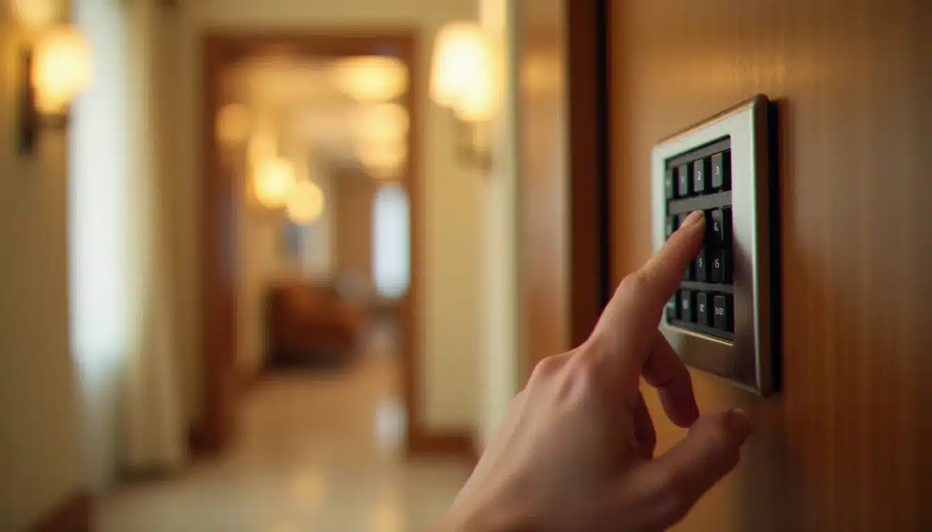 Main d'un voyageur composant le code PIN d'un boîtier de serrure électronique pour accéder à sa chambre dans un hôtel sans veilleur de nuit