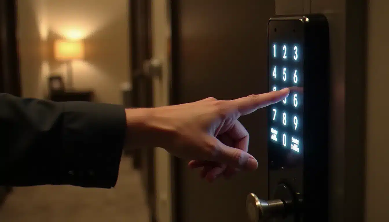 Main d'un voyageur saisissant un code sur une serrure électronique numérique à l'entrée d'une chambre d'hôtel sans réception nocturne