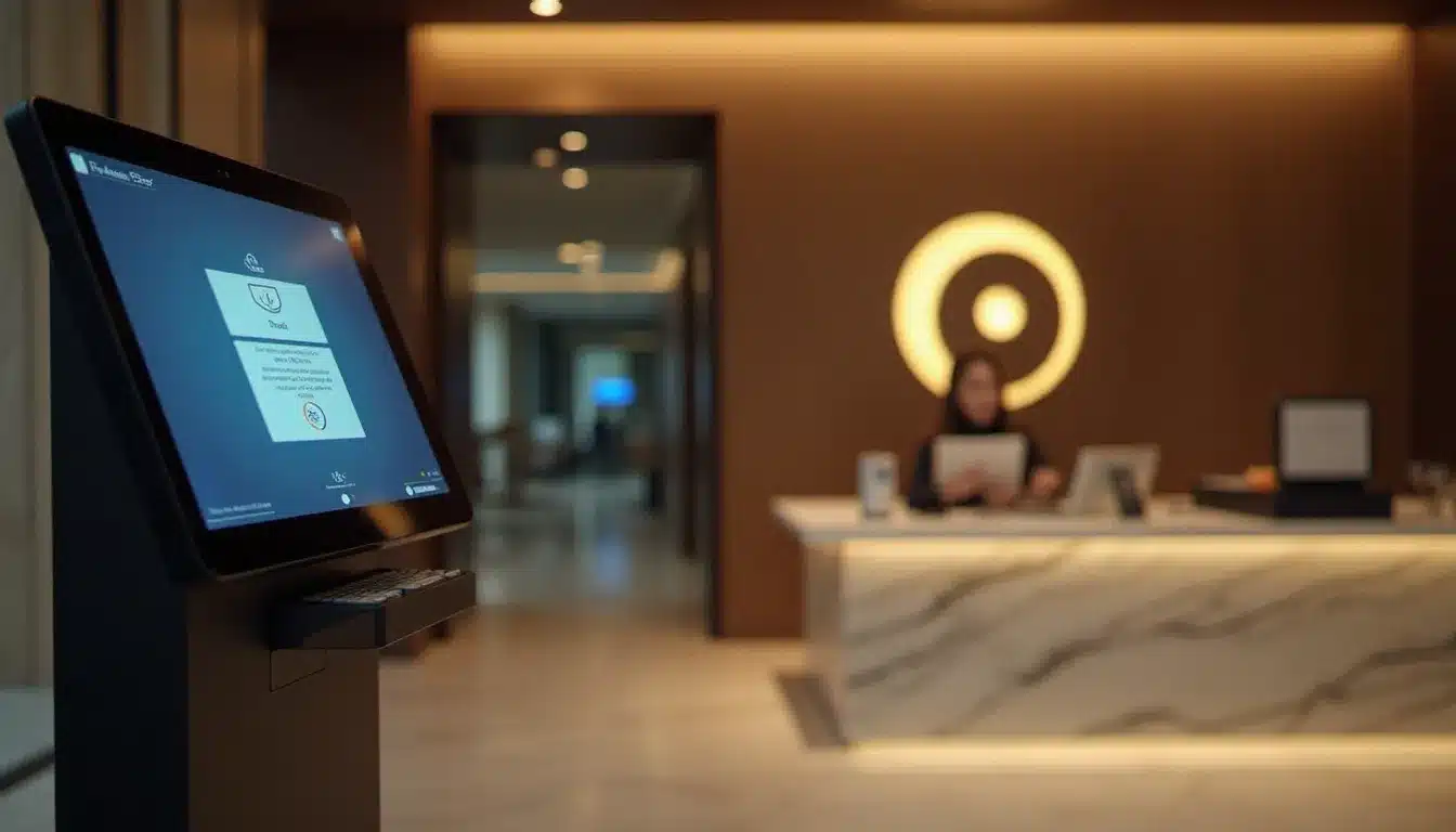 Borne de check-in automatique à écran tactile dans le hall moderne d'un hôtel ayant supprimé le poste de veilleur de nuit