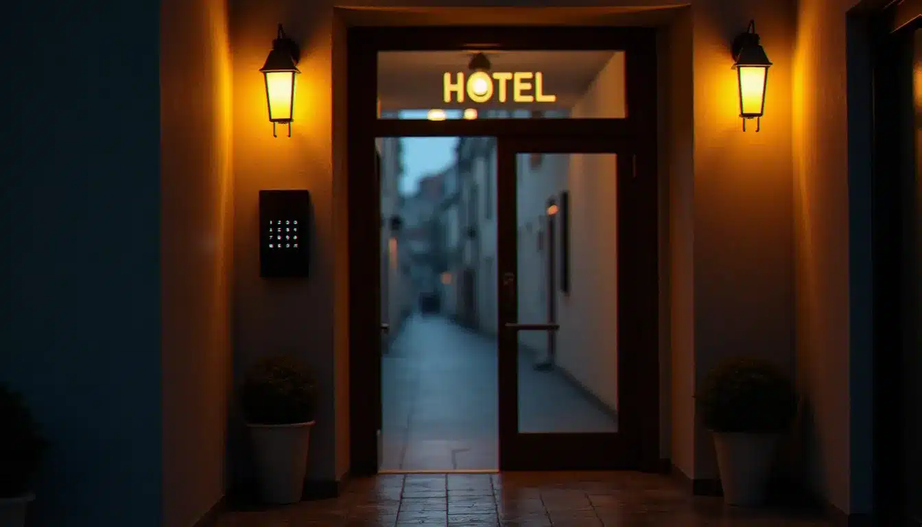 Entrée d'un hôtel sans veilleur de nuit la nuit, avec un boîtier à code numérique éclairé fixé à côté de la porte vitrée