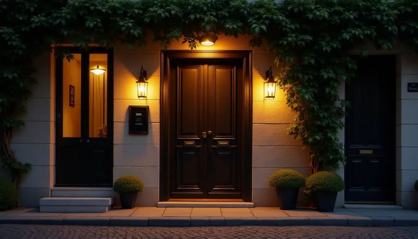 Entrée nocturne d'un hôtel sans veilleur de nuit avec une boîte à clés sécurisée éclairée sur un mur en pierre, dans une rue pavée française