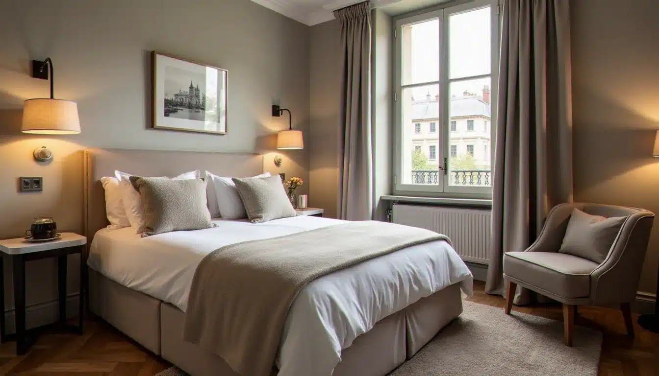 Chambre confortable et décorée avec soin dans un boutique-hôtel français, avec literie haut de gamme et touches de décoration locale, typique des chambres proposées par l'hôtel Sanso by Happyculture