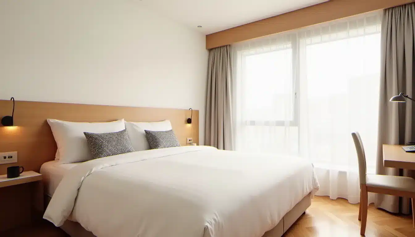 Chambre d'hôtel minimaliste au style Sanso by Happyculture avec tête de lit en bois, literie blanche soignée et bureau compact éclairé à la lumière naturelle