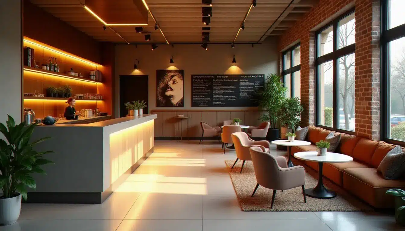 Lobby chaleureux du Sanso by Happyculture avec comptoir en bois clair, espace lounge intimiste et tableau d'ardoise avec recommandations manuscrites de l'équipe