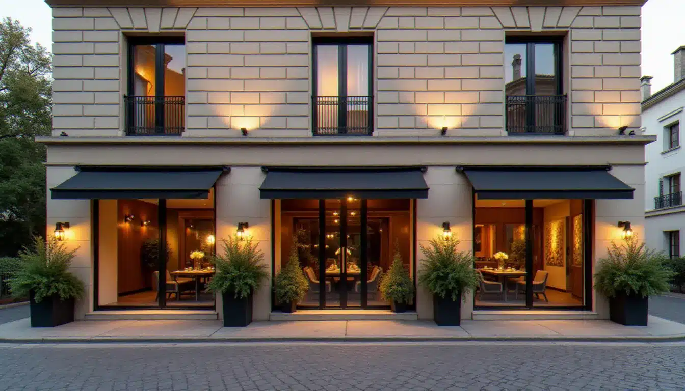Façade extérieure d'un hôtel Sanso by Happyculture au coucher du soleil, architecture contemporaine épurée avec entrée encadrée de plantes