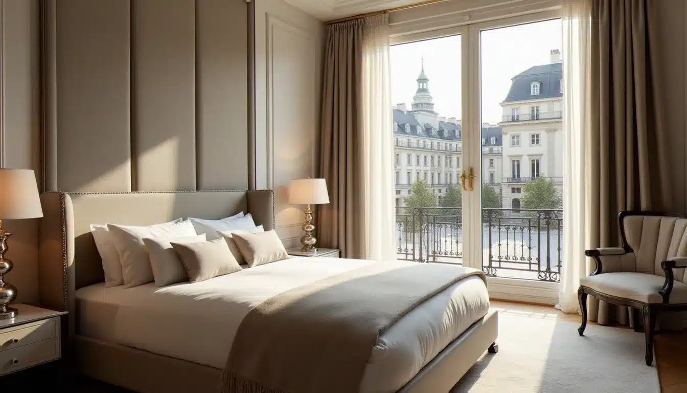 Chambre Supérieure du Sofitel Lyon Bellecour avec vue sur la place Bellecour, lit king-size en literie grise et beige, lumière naturelle matinale