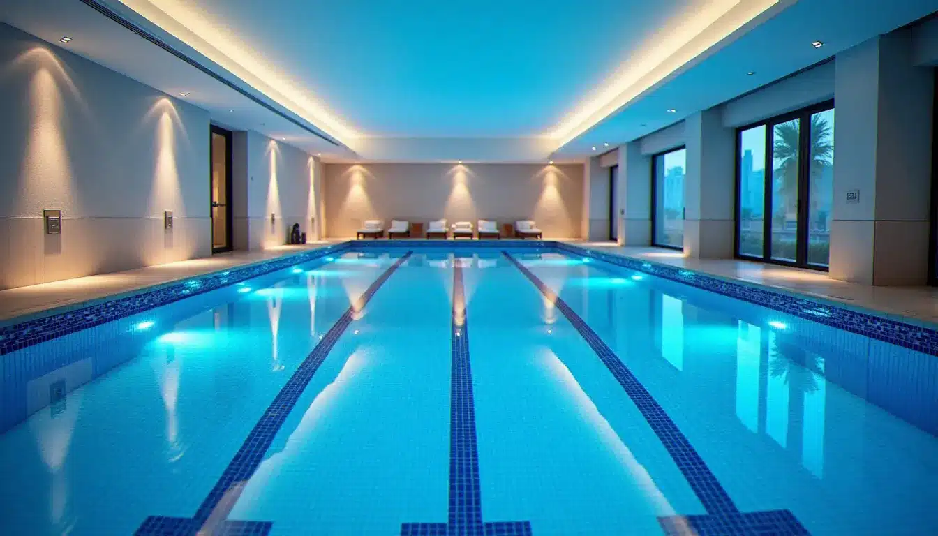 Piscine intérieure de 15 mètres du spa Les Sens au Sofitel Lyon Bellecour, carrelage bleu et lumière tamisée, atmosphère sereine