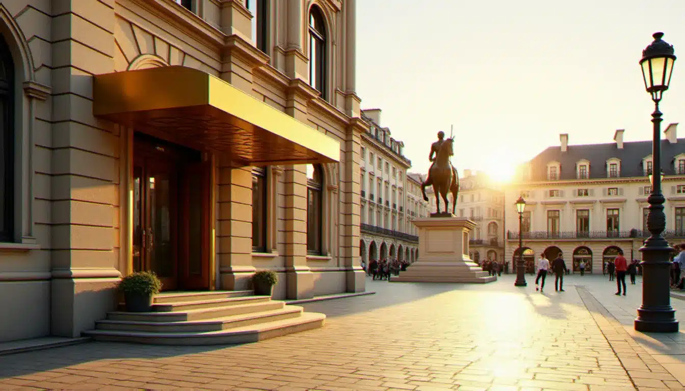 Façade de l'hôtel Sofitel Lyon Bellecour sur la place Bellecour, pierre blonde haussmannienne éclairée en lumière dorée en fin d'après-midi