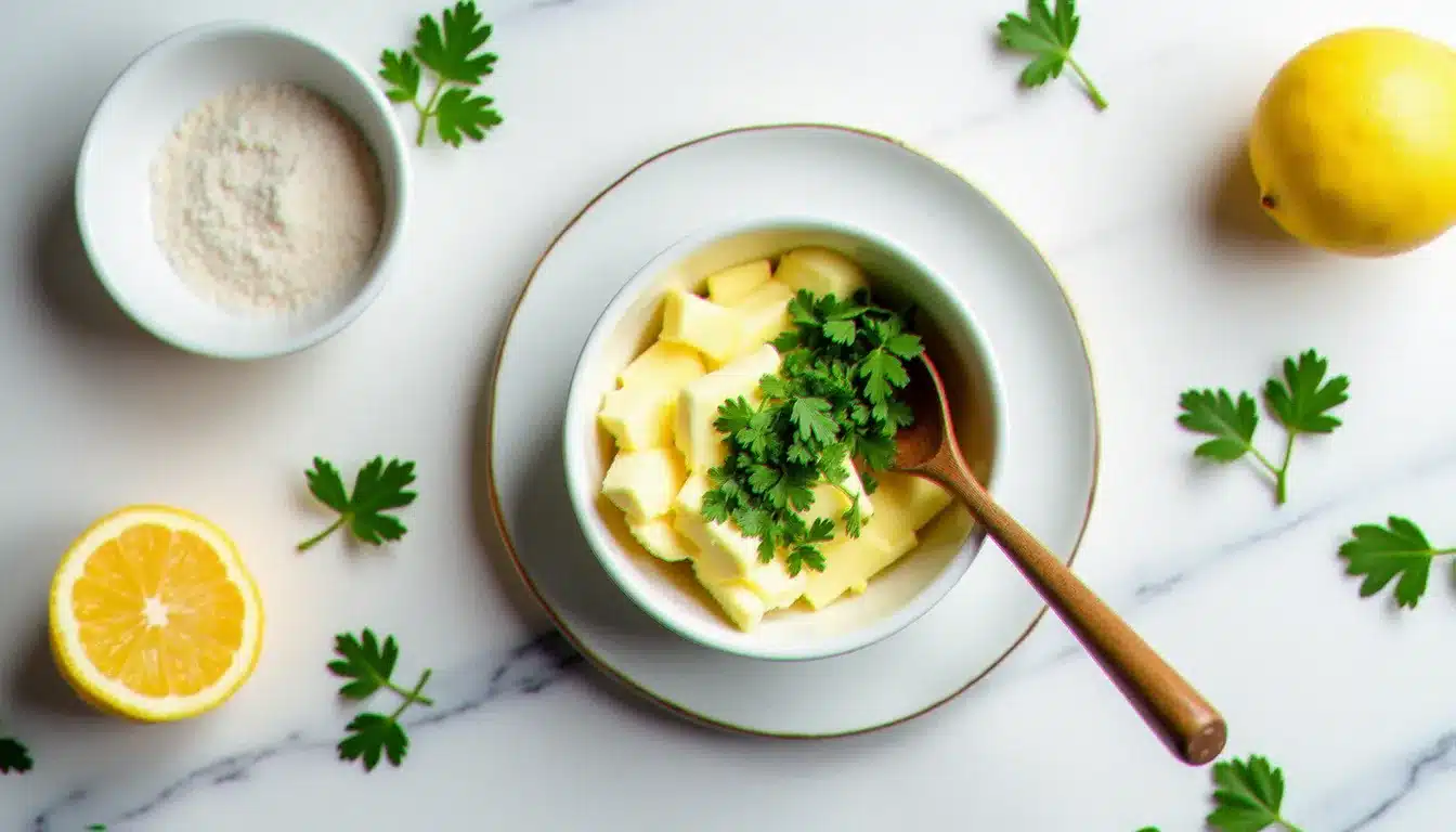 Ingrédients disposés sur un plan de travail en marbre blanc pour réaliser la recette du beurre maître d'hôtel : beurre ramolli, persil plat ciselé, citron et fleur de sel