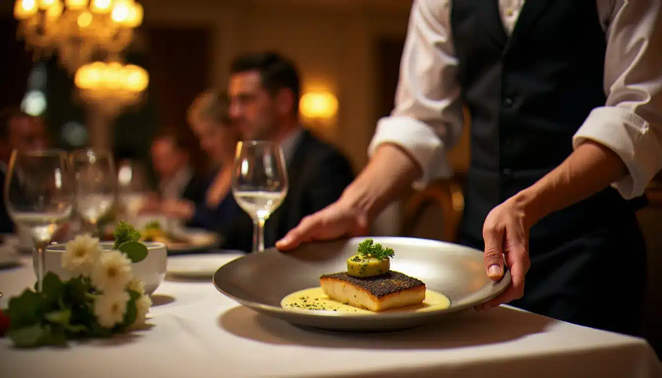 Service en salle d'un restaurant d'hôtel français, serveur présentant un plat de poisson garni d'une rondelle de beurre maître d'hôtel dans une ambiance gastronomique élégante