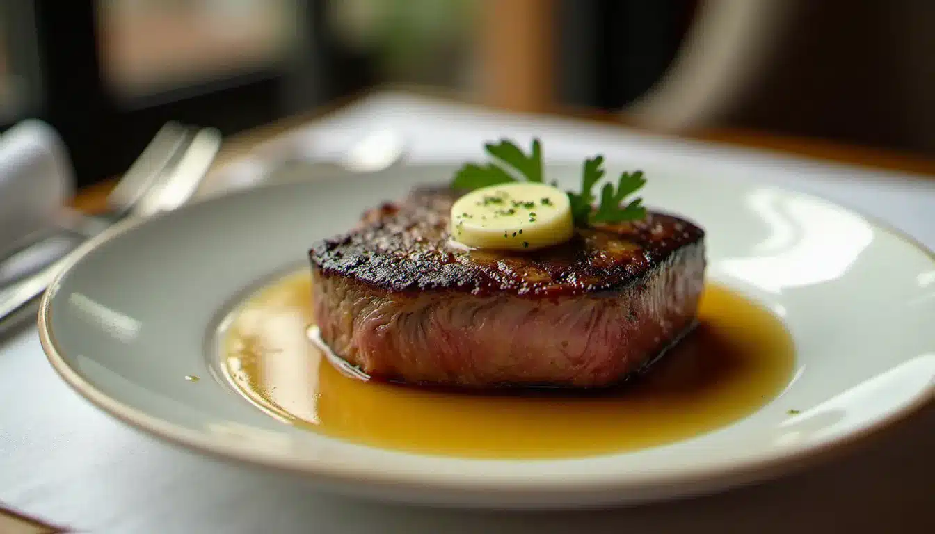Rondelle de beurre maître d'hôtel fondant sur une entrecôte grillée dans un restaurant d'hôtel, illustrant la recette classique de la cuisine française