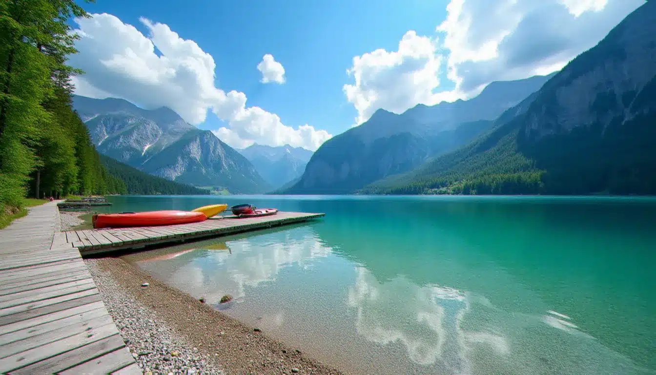 Rive du Millstätter See en Carinthie avec ses eaux turquoise, une jetée en bois et les sommets alpins en arrière-plan, décor immédiat du Naturel Hotel Dorf Seeleitn