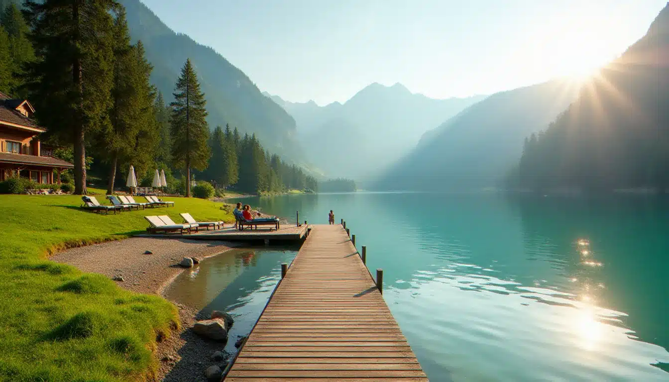 Plage privée d'un hôtel alpin autrichien en bord de lac de Millstatt, ponton en bois, transats sur pelouse, eaux turquoise et montagnes carinthiennes en arrière-plan