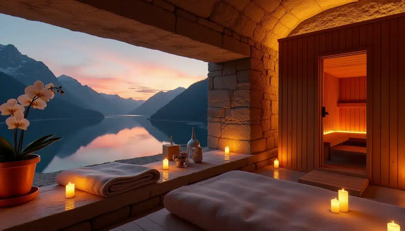 Espace spa intérieur du Naturel Hotel Dorf Seeleitn avec sauna en bois artisanal et baie vitrée panoramique donnant sur le Millstätter See au coucher du soleil
