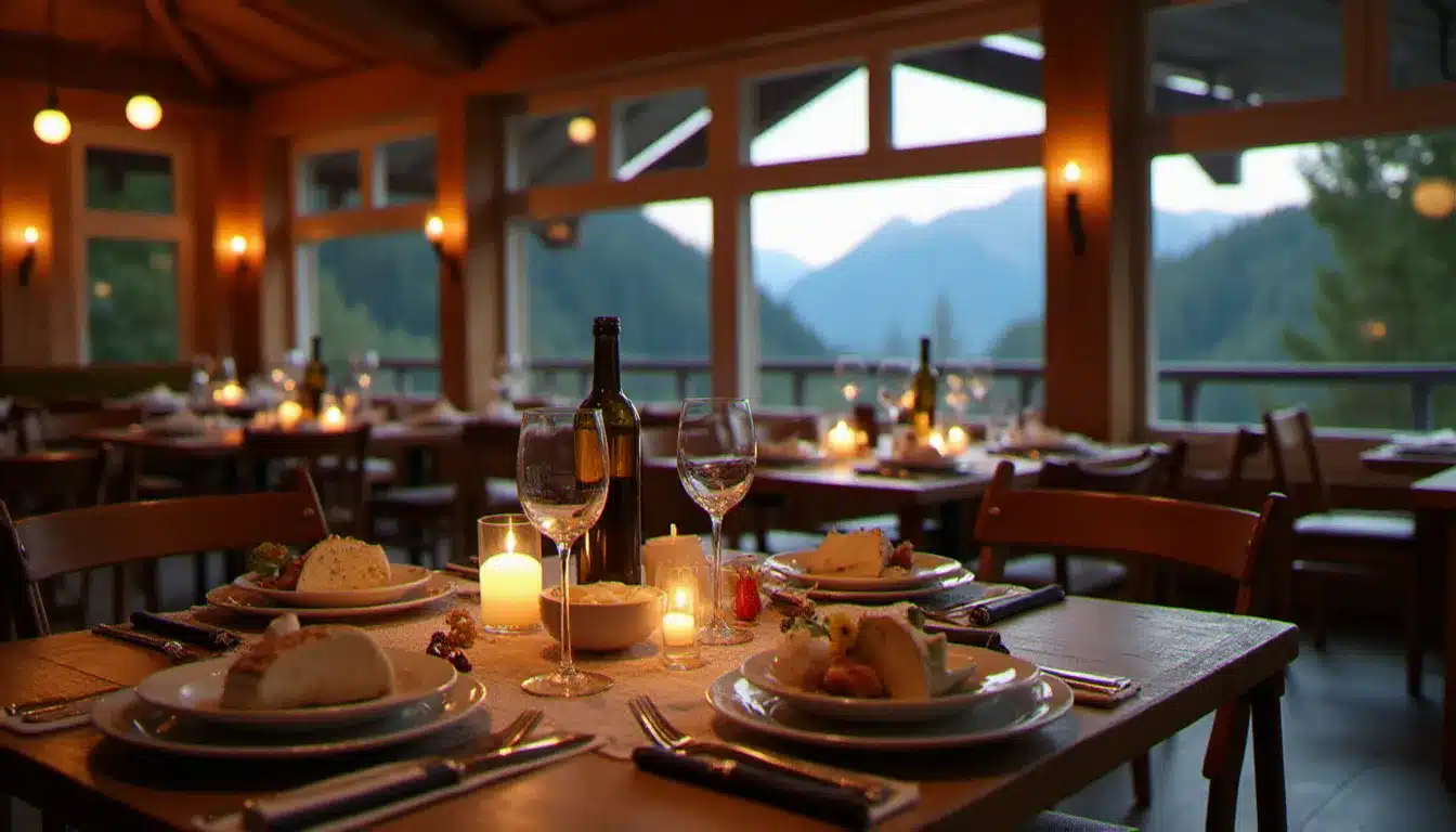 Restaurant alpin du Naturel Hotel Dorf Seeleitn avec décor en bois traditionnel carinthien, table dressée avec produits régionaux et vue panoramique sur le lac de Millstatt