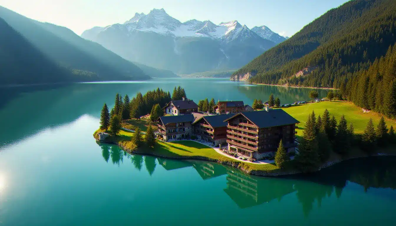 Vue aérienne du Naturel Hotel Dorf Seeleitn et ses chalets en bois traditionnel sur les rives du Millstätter See en Carinthie, entourés de forêts de pins alpins