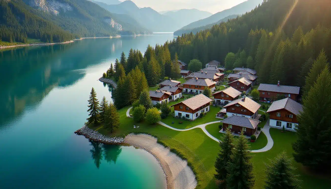 Vue aérienne du Naturel Hotel Dorf Seeleitn à Döbriach, complexe de chalets alpins en bois entouré de forêt de pins au bord du lac de Millstatt en Carinthie, Autriche