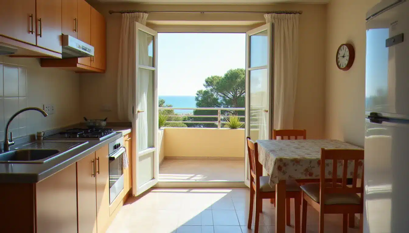 Intérieur d'un appartement fonctionnel avec kitchenette et balcon vue mer dans un apart-hôtel à Kemer, Turquie