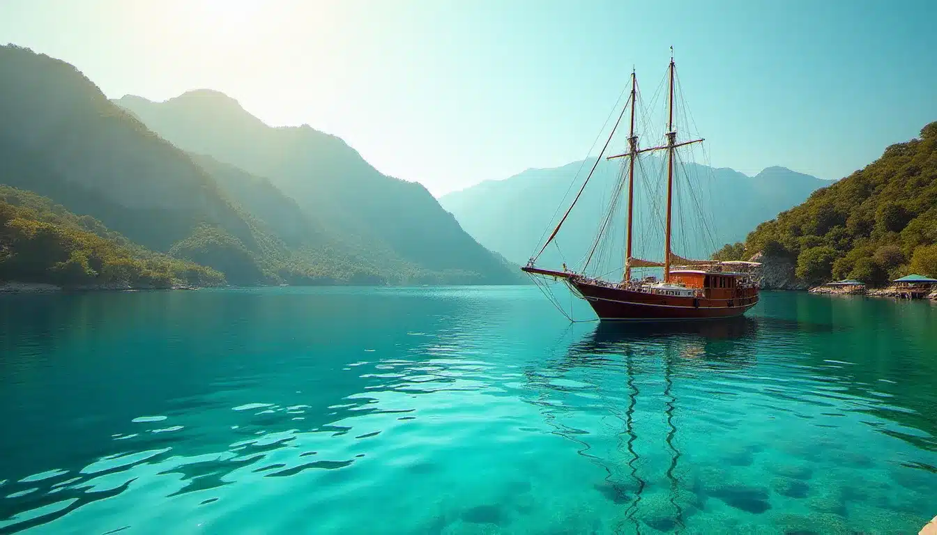 Baie turquoise près de Kemer avec caïque traditionnel turc et montagnes boisées, paysage naturel caractéristique de la région d'Antalya