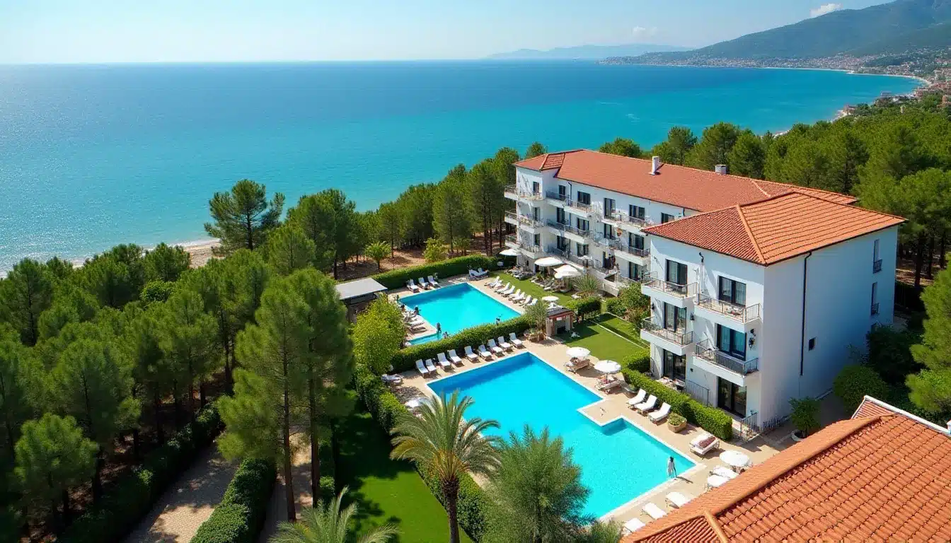 Vue aérienne d'un apart-hôtel de style méditerranéen à Kemer avec piscine extérieure et pinède, illustrant le cadre du Naturella Hotel & Apart Kemer