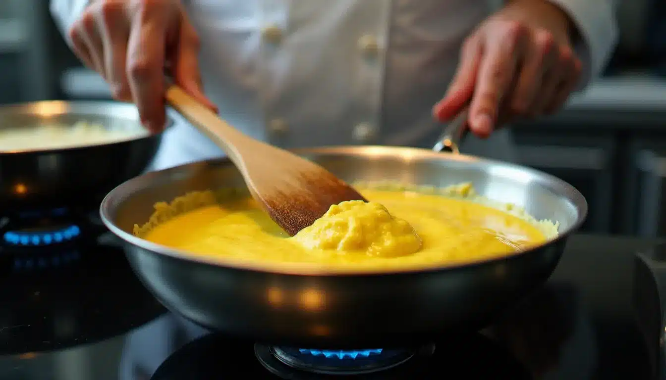Cuisinier d'hôtel en toque remuant des œufs brouillés dans une casserole en inox à feu doux, technique professionnelle de cuisson lente des œufs