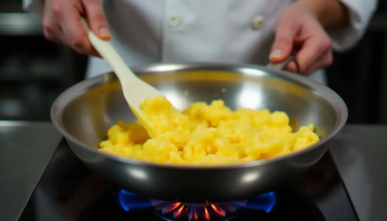 Chef en cuisine hôtelière remuant des œufs brouillés dans une casserole à fond épais avec une spatule en silicone, technique de cuisson lente à feu doux