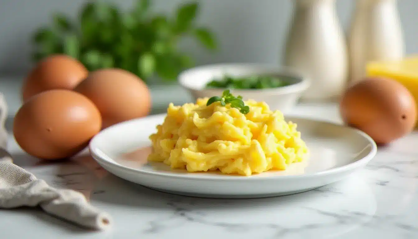Ingrédients de qualité pour la recette des œufs brouillés façon hôtel : œufs bio, beurre AOP, crème fraîche entière et ciboulette fraîche disposés sur un plan de travail en marbre