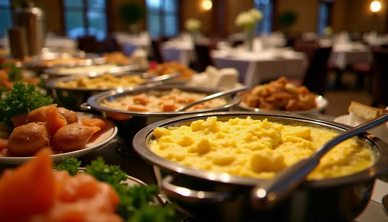 Buffet de petit-déjeuner hôtelier avec plat chaud d'œufs brouillés crémeux accompagnés de saumon fumé et d'herbes fraîches dans une salle à manger d'hôtel élégante