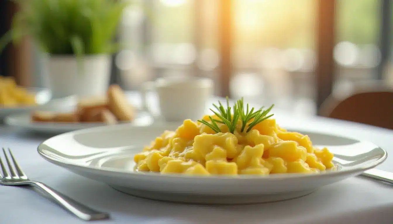 Assiette d'œufs brouillés crémeux façon hôtel garnis de ciboulette fraîche, servis dans une salle de petit-déjeuner d'hôtel lumineuse, illustrant la recette des œufs brouillés façon hôtel