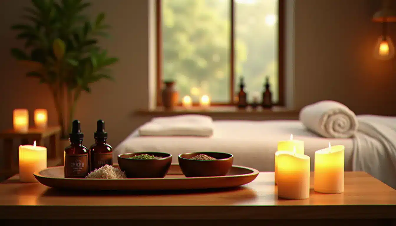 Salle de soin Natureland avec table de massage en lin blanc et ingrédients d'herbes médicinales asiatiques disposés sur un plateau en bambou