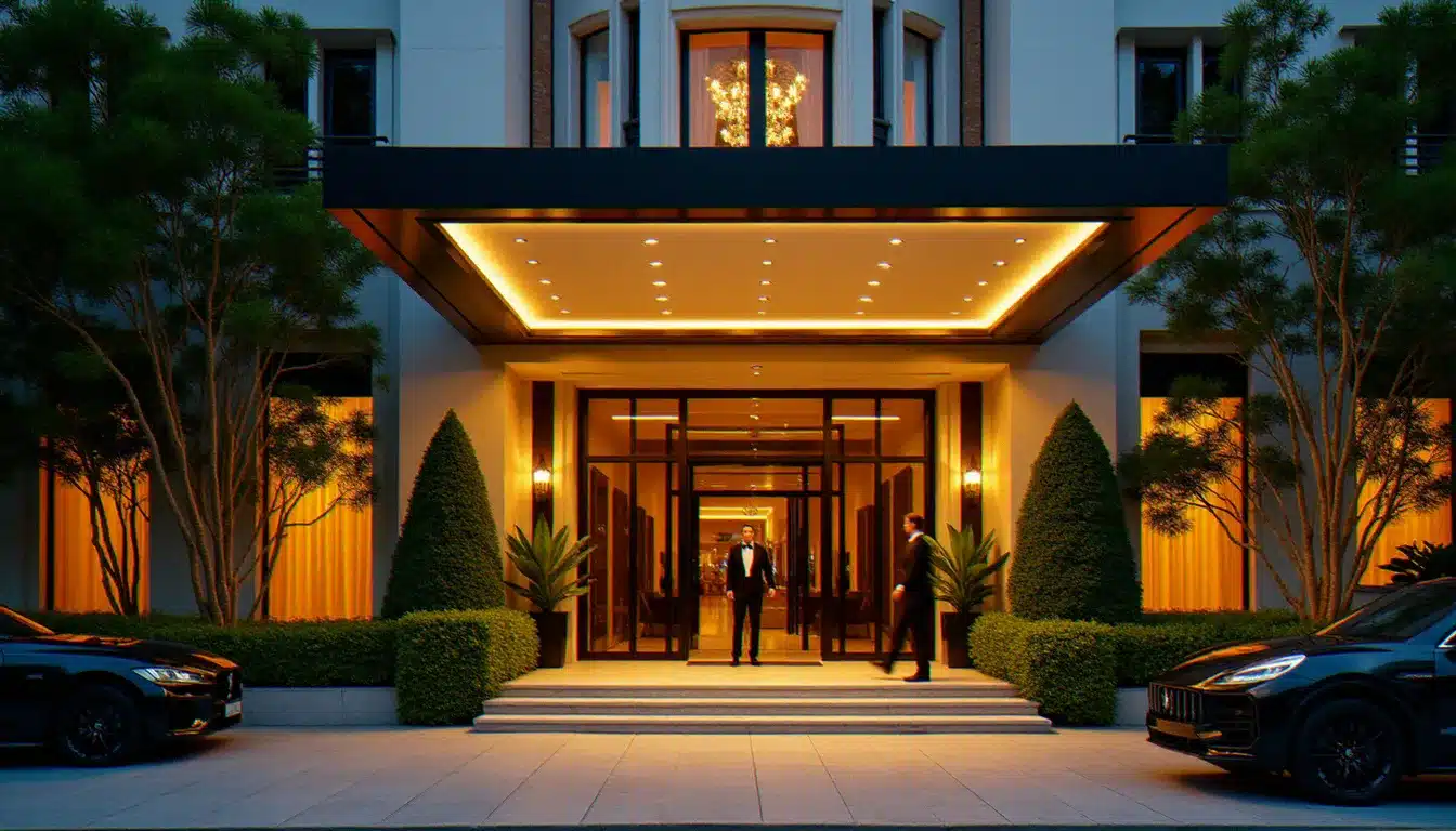 Façade de l'Orchard Rendezvous Hotel au crépuscule, entrée illuminée sur Orchard Road à Singapour, illustrant l'hôtel au cœur du quartier Natureland