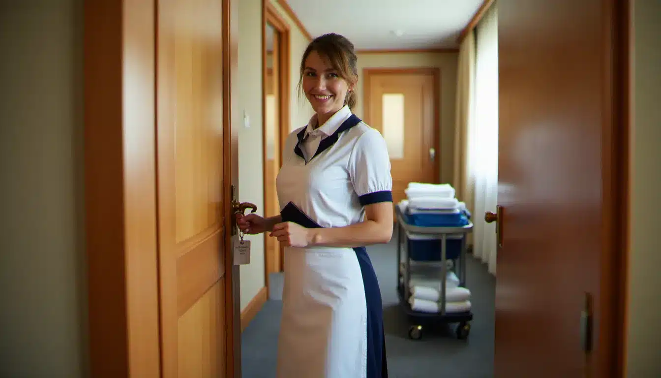 Femme de chambre en uniforme frappant à la porte d'une chambre d'hôtel avant d'entrer, illustrant le protocole d'accès encadrant le passage général hôtel