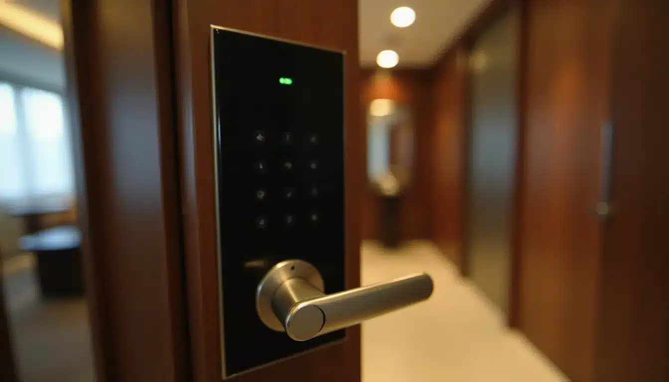 Serrure électronique RFID d'une chambre d'hôtel moderne avec voyant LED vert, symbolisant les systèmes de traçabilité qui renforcent ce que le passage général hôtel assure