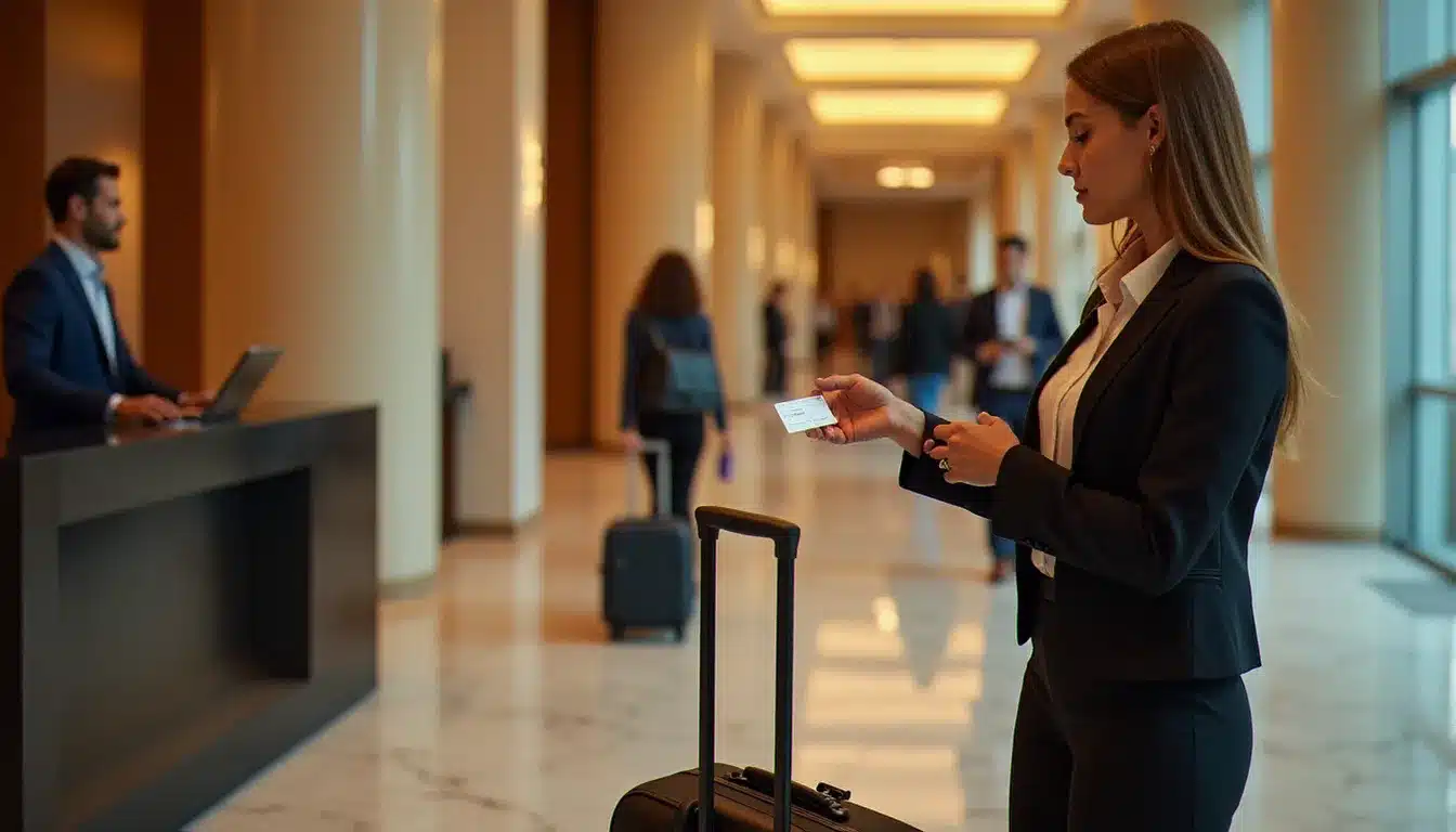 Réceptionniste d'hôtel remettant une carte d'accès à une cliente à la réception, illustrant la gestion du passage général hôtel assure lors du check-in