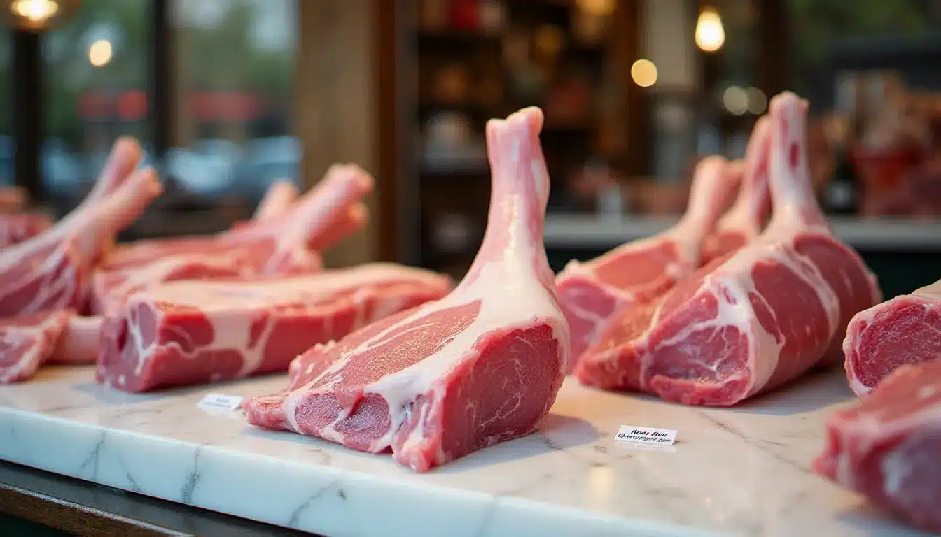 Présentation de différentes coupes de porc frais sur un étal de boucherie française traditionnelle, incluant filet mignon, carré et joues, les morceaux privilégiés par les cuisines d'hôtels