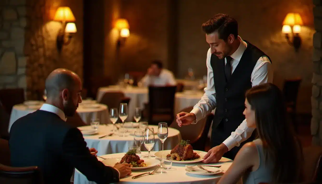 Salle de restaurant chaleureuse d'un hôtel français en soirée, avec service d'un plat de porc braisé réalisé devant un voyageur attablé dans une ambiance intimiste