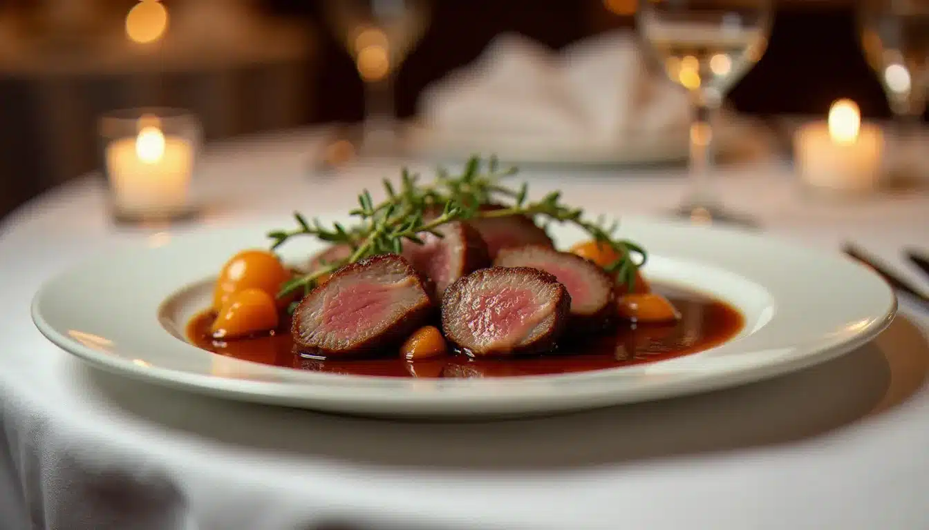 Médaillons de filet mignon de porc dorés et laqués dressés sur assiette blanche dans un restaurant d'hôtel français, illustrant une recette de porc coupe hotel gastronomique