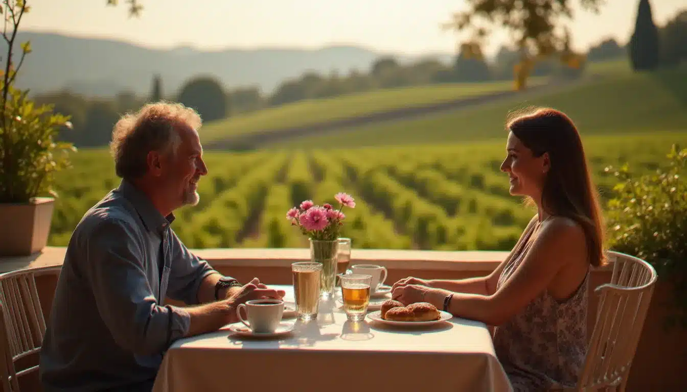 Couple d'adultes prenant un petit-déjeuner tranquille sur une terrasse privative d'hôtel en Italie, sans enfants, dans une ambiance apaisée